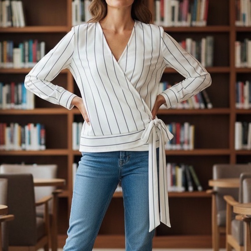 NWOT Alex Marie White & Black Striped Wrap Tie Long Sleeve Blouse Top Size S